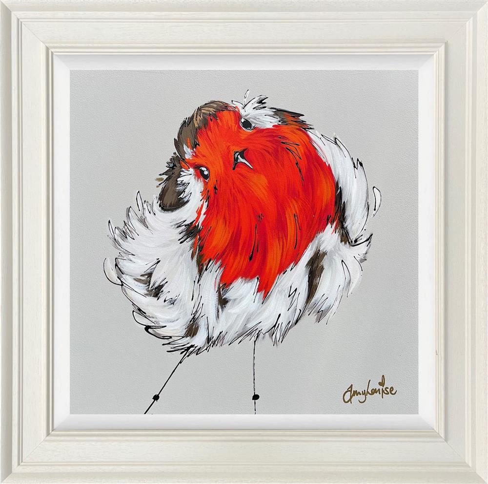 rose a colourful framed original of a robin with a bright red chest by artist amy louise