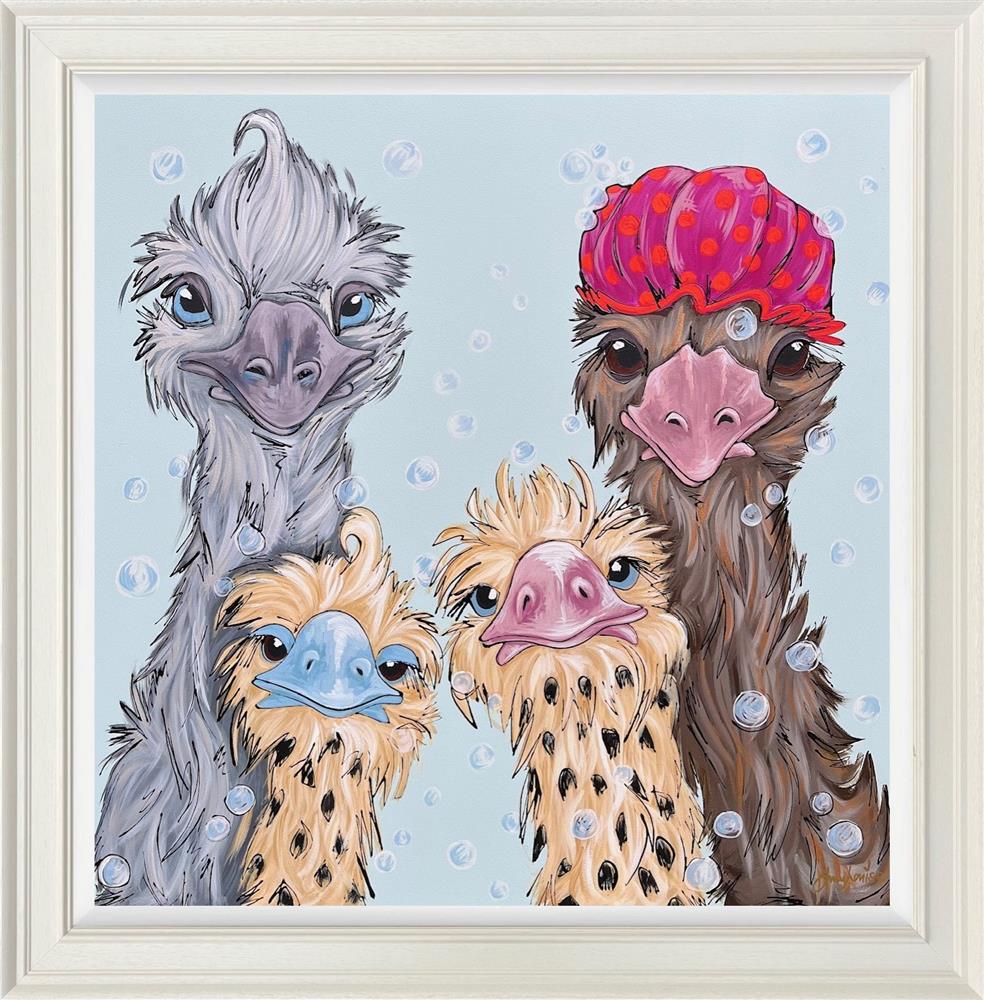 shampoo shenanigas a colourful framed original of an ostrich family at bath tme by artist amy louise