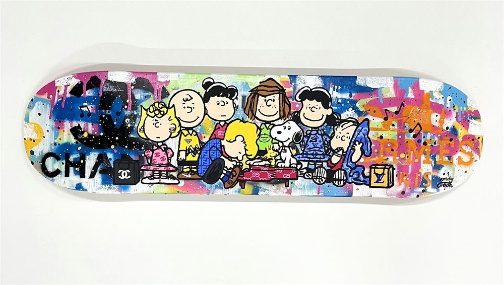 charlie and friends original skatedeck wall sculpture by artist emily crook