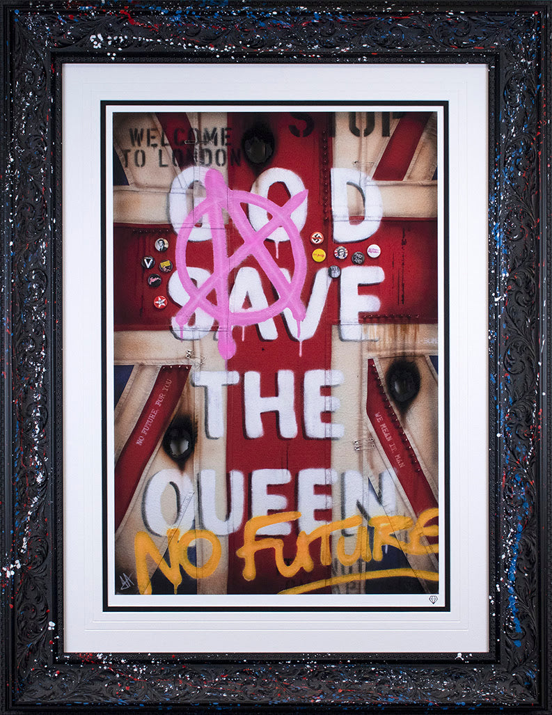 god save the queen flag black framed print by artist JJ Adams