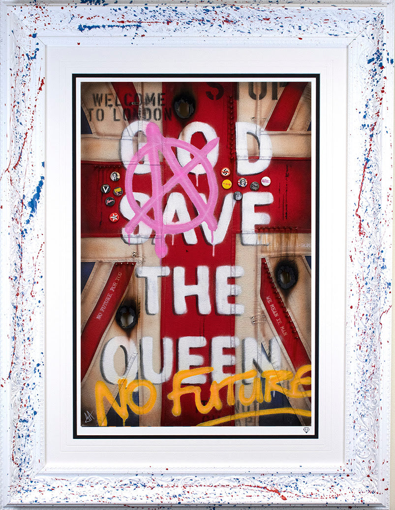 god save the queen flag white framed print by artist JJ Adams