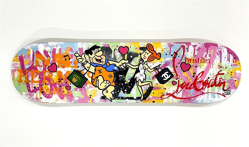 the flintstones love original skatedeck wall sculpture by artist emily crook