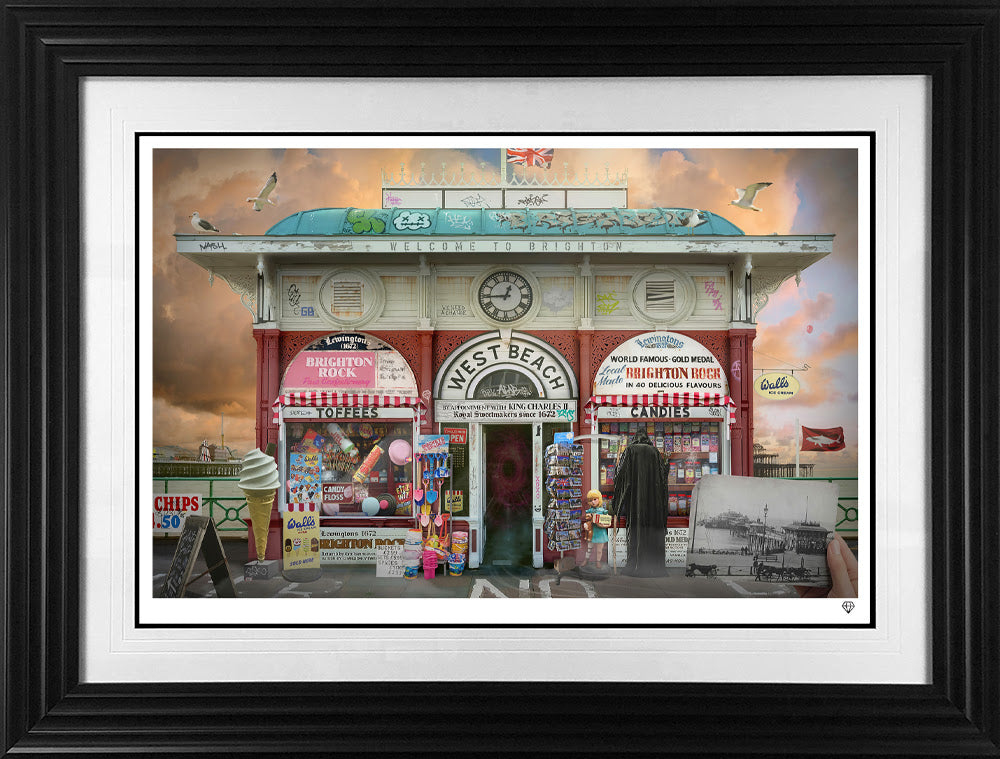 The Kiosk At West Beach print framed in black by artist jj adams