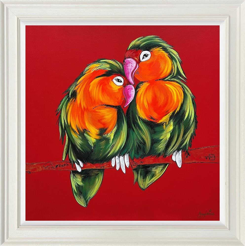 together in love colourful framed original painting of two lovebirds on a red backbround by artist amy louise