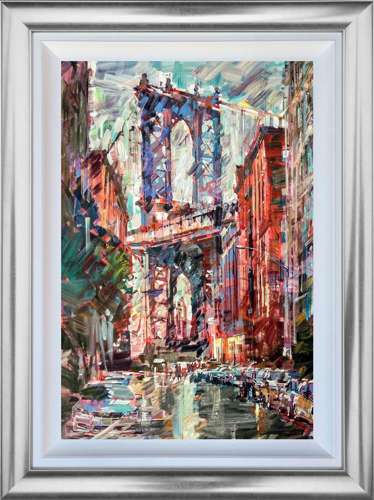 twilight over the manhattan bridge framed original by artist Colin brown