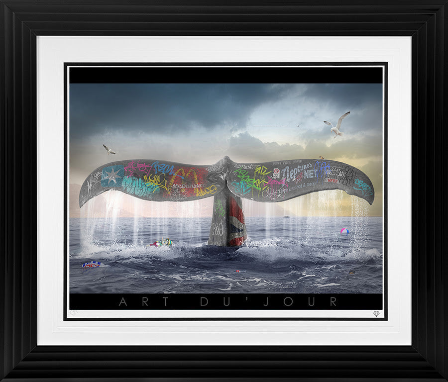 a whales tale print framed in black by artist jj adams