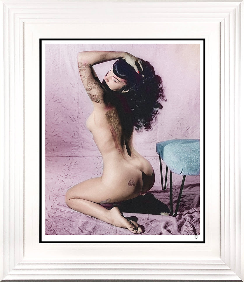 bettie page white framed print by artist JJ Adams