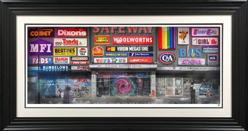 byegone shopping centre print framed in black by artist jj adams