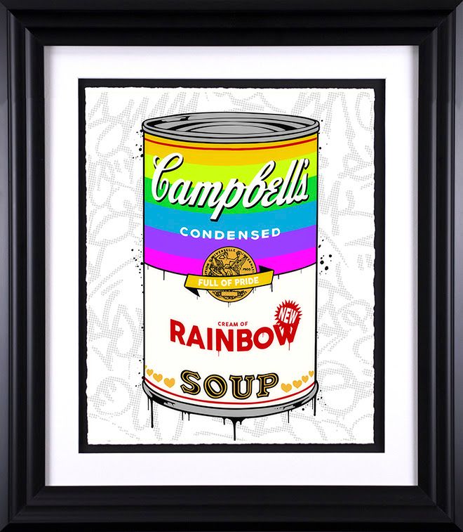 campbells rainbow soup print framed in black by artist jj adams