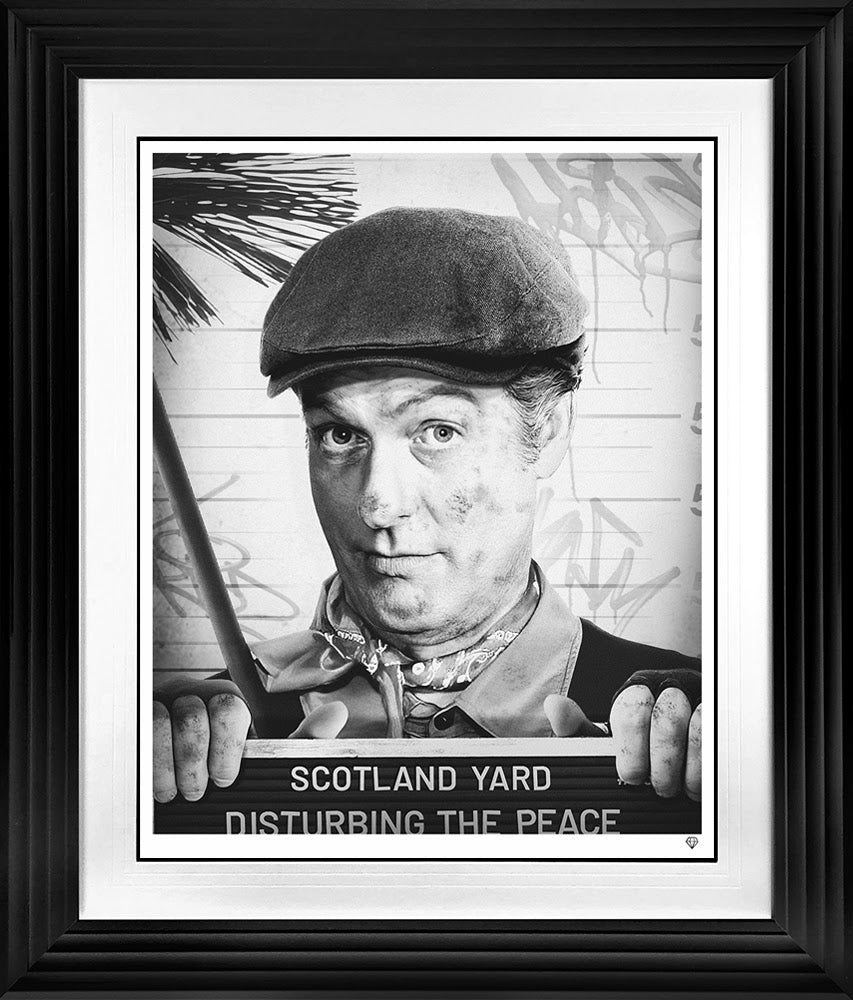 disturbing the peace black and white print framed in black by artist jj adams