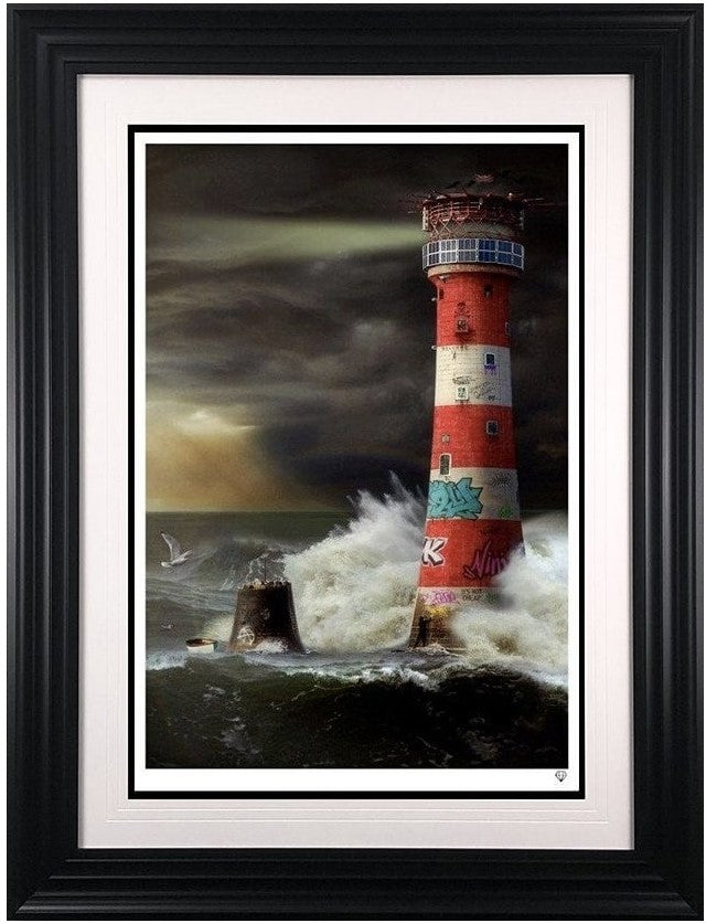 eddystone lighthouse print framed in black by artist jj adams
