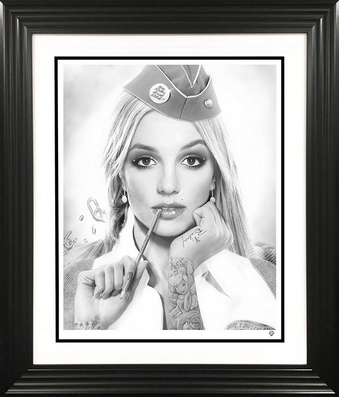hit me baby one more time black and white print framed in black by artist jj adams