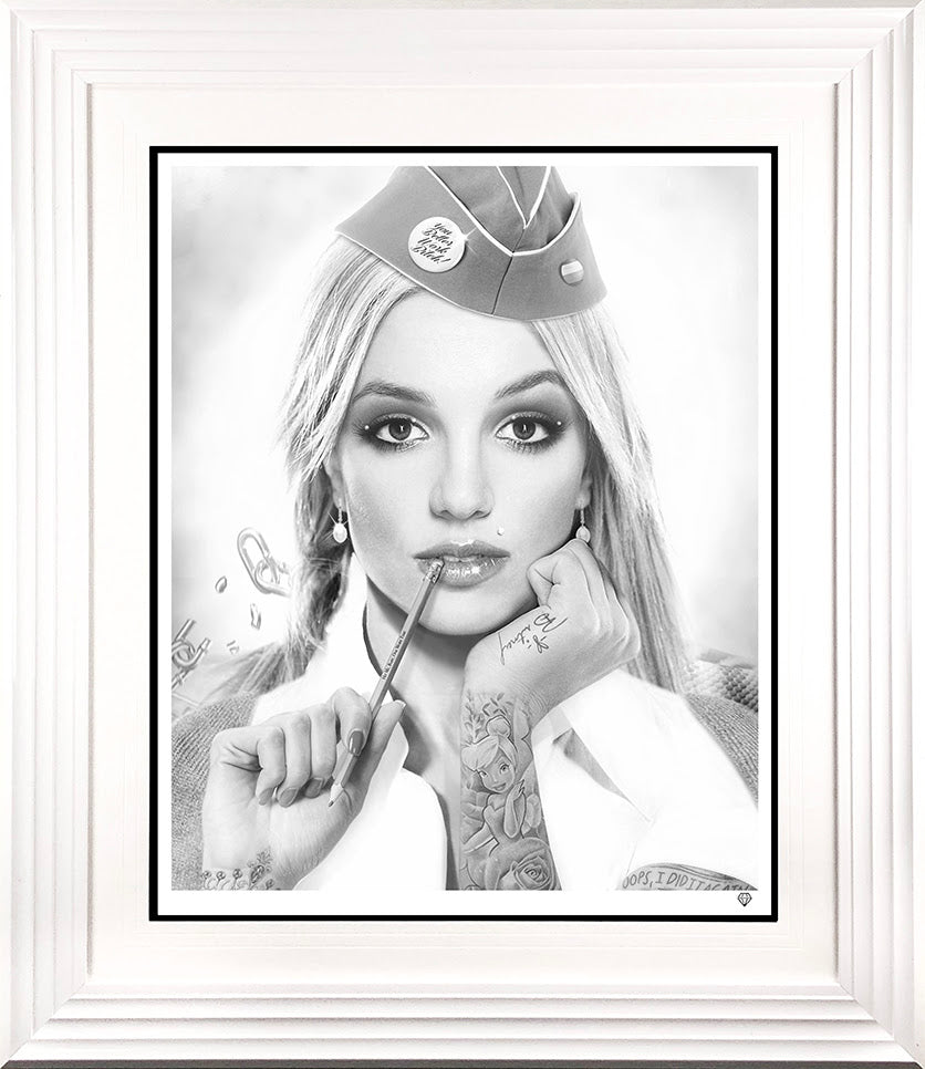 hit me baby one more time framed in white black and white print by artist JJ Adams