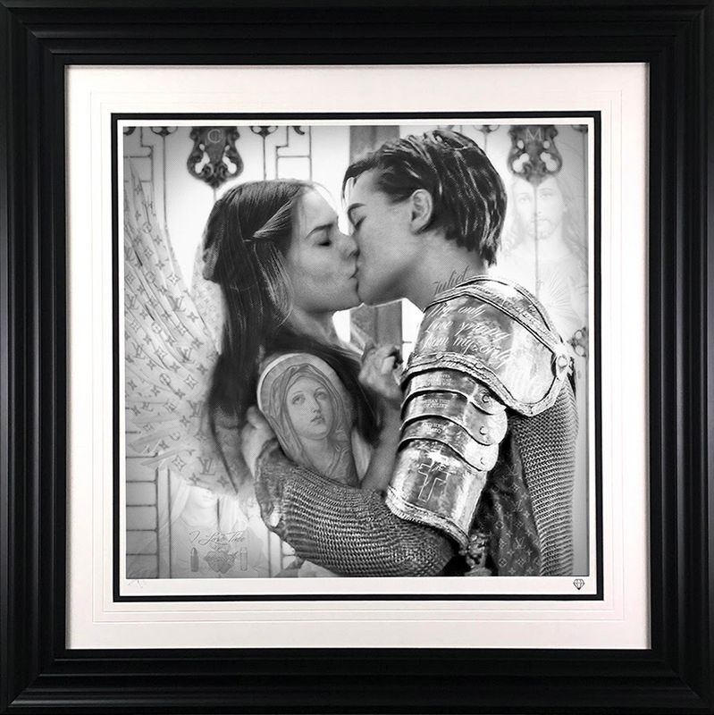 romeo and juliet black and white print framed in black by artist jj adams
