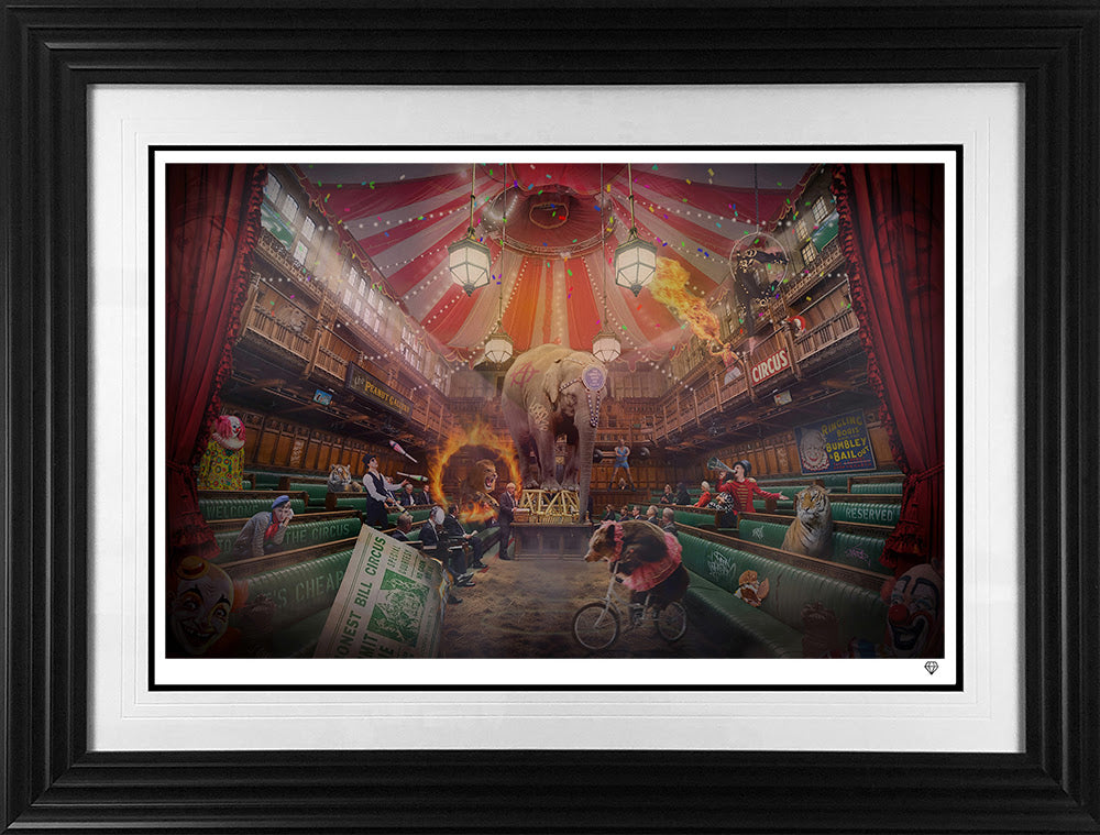 send in the clowns print frame in black by artist jj adams