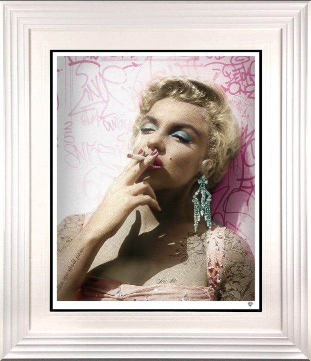 smoking gun marilyn colour print framed in white by artist jj adams