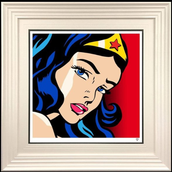 wonder woman pop print framed in white by artist jj adams