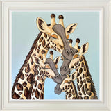 forever family framed original of a family of 4 giraffes on a light blue background by artist amy louise