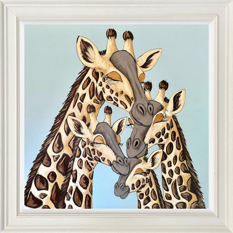 forever family framed original of a family of 4 giraffes on a light blue background by artist amy louise