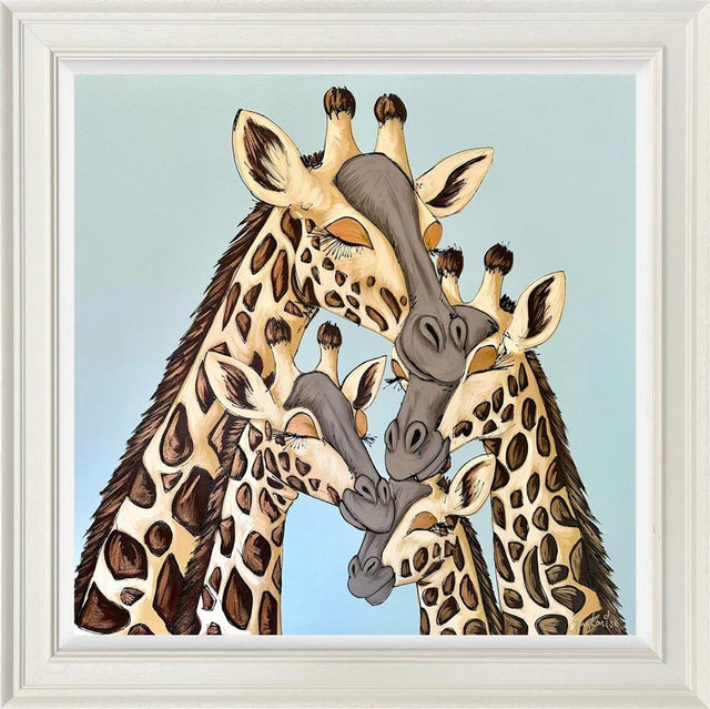 forever family framed original of a family of 4 giraffes on a light blue background by artist amy louise