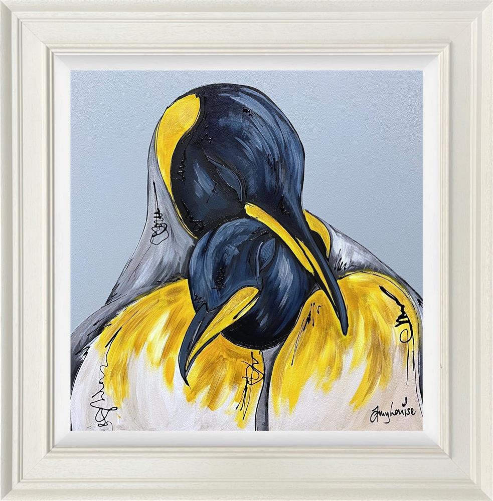cuddles over ice framed original of two penguins by artist amy louise