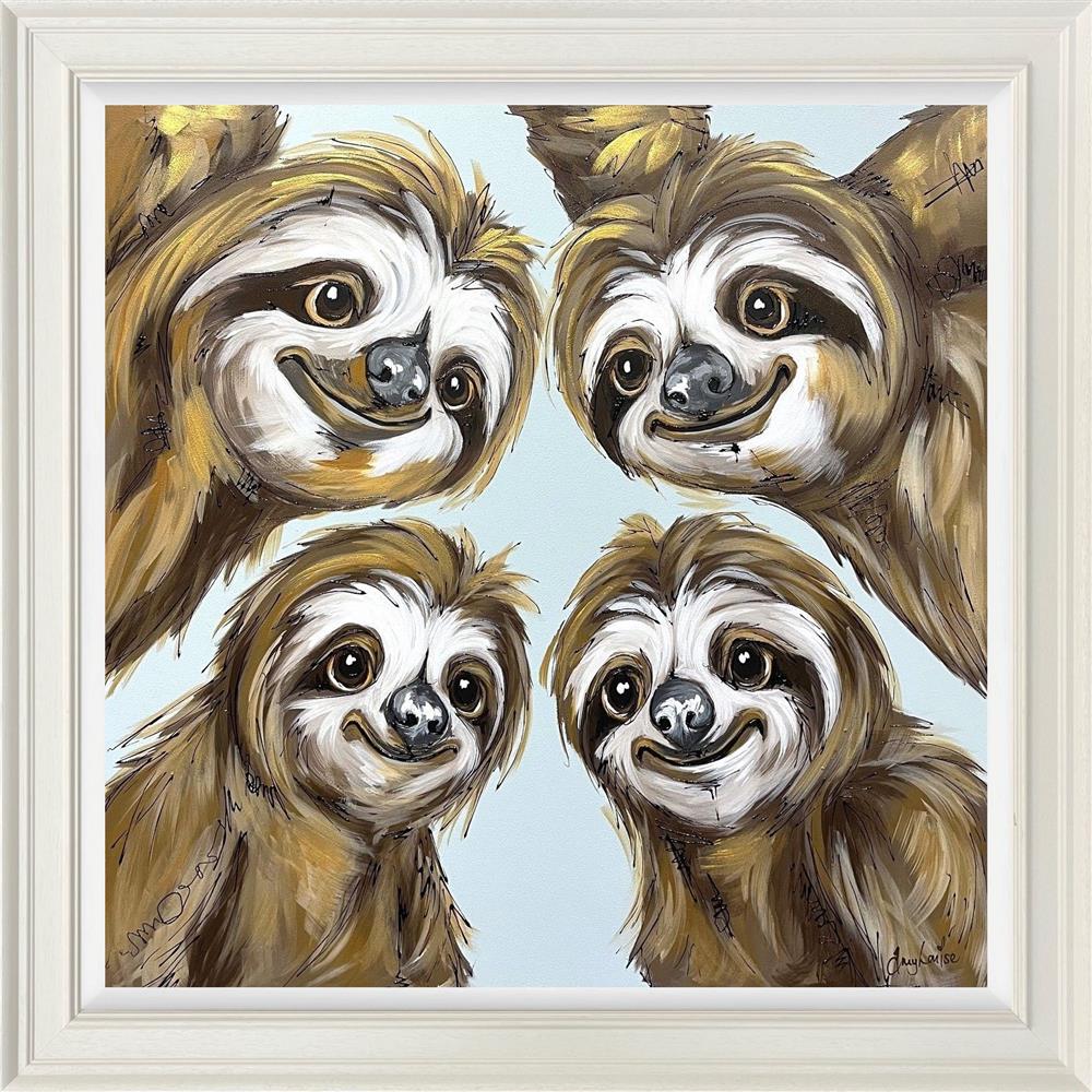 the hanging family an original of four sloths on a light blue background by artist amy louise
