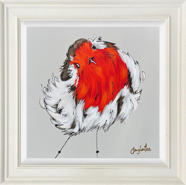 rose a colourful framed original of a robin with a bright red chest by artist amy louise