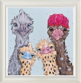 shampoo shenanigas a colourful framed original of an ostrich family at bath tme by artist amy louise