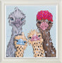 shampoo shenanigas a colourful framed original of an ostrich family at bath tme by artist amy louise