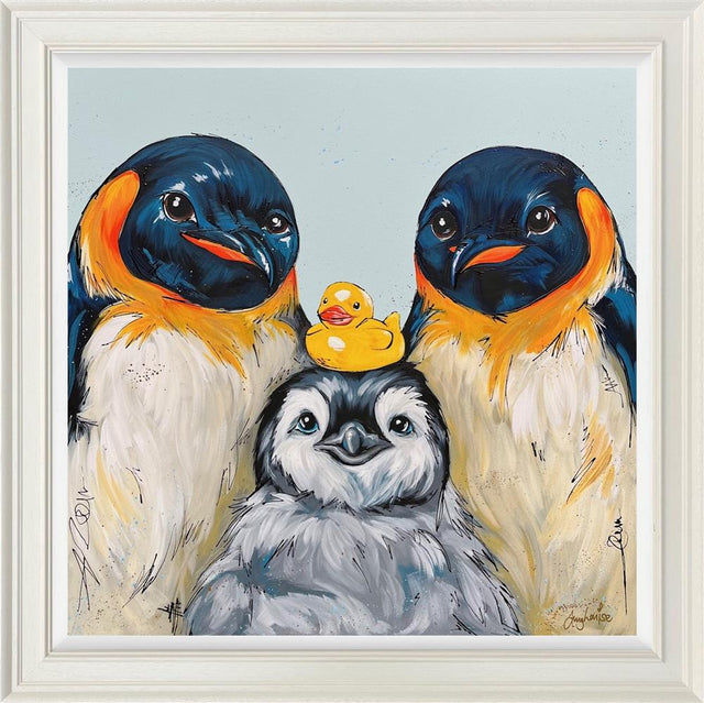 the splish splash squad a colourful framed original of a penguin family at bathtime by artist amy louise