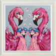 blushing bubbles a colourful framed original of four flamingoes at bathtime by artist amy louise