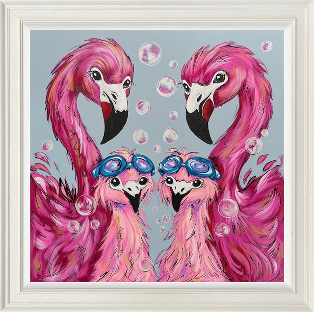 blushing bubbles a colourful framed original of four flamingoes at bathtime by artist amy louise