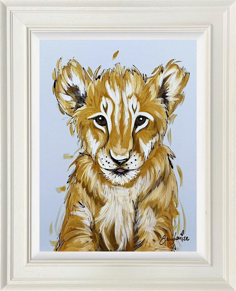 the prince a lion cub original on a light blue background framed by artist amy louise