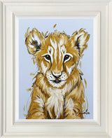 the prince a lion cub original on a light blue background framed by artist amy louise