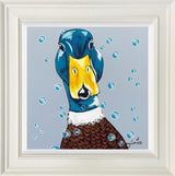 bubbles a colourful original of a duck head on a bubbley blue backgroung by artist amy louise