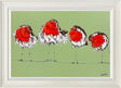 the fabulour four colourful framed original of 4 robins on a green backgorung by artist amy louise