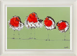 the fabulour four colourful framed original of 4 robins on a green backgorung by artist amy louise