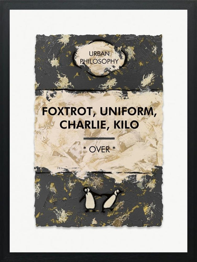 foxtrot uniform charlie kilo gold leafed framed print by artist hue folk