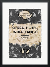 sierra hotel india tango silver leafed framed print by artist hue folk