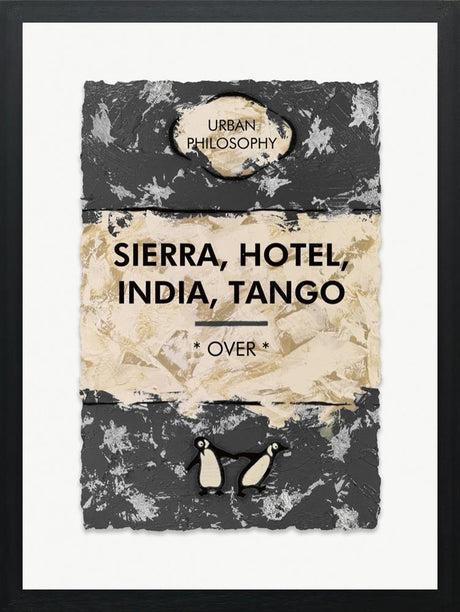 sierra hotel india tango silver leafed framed print by artist hue folk
