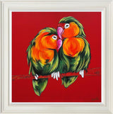 together in love colourful framed original painting of two lovebirds on a red backbround by artist amy louise