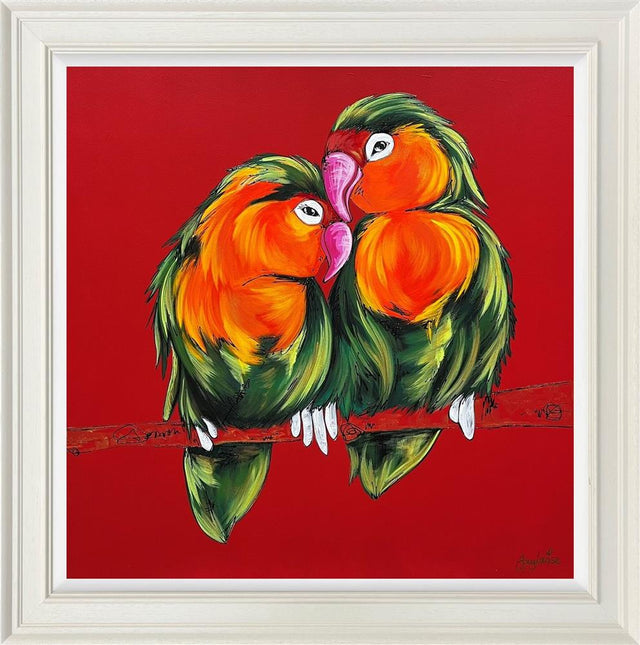 together in love colourful framed original painting of two lovebirds on a red backbround by artist amy louise