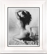 bettie page black and white print framed in white by artist JJ Adams
