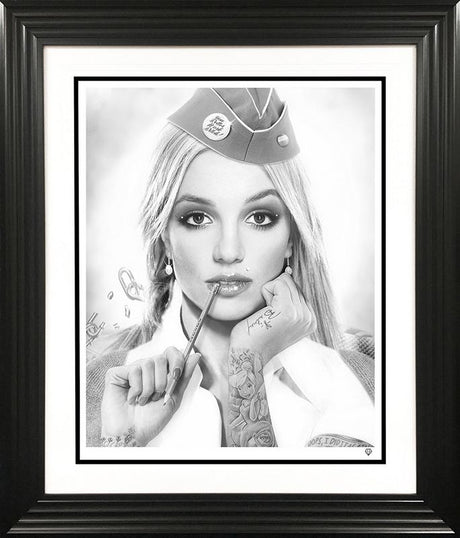 hit me baby one more time black and white print framed in black by artist jj adams