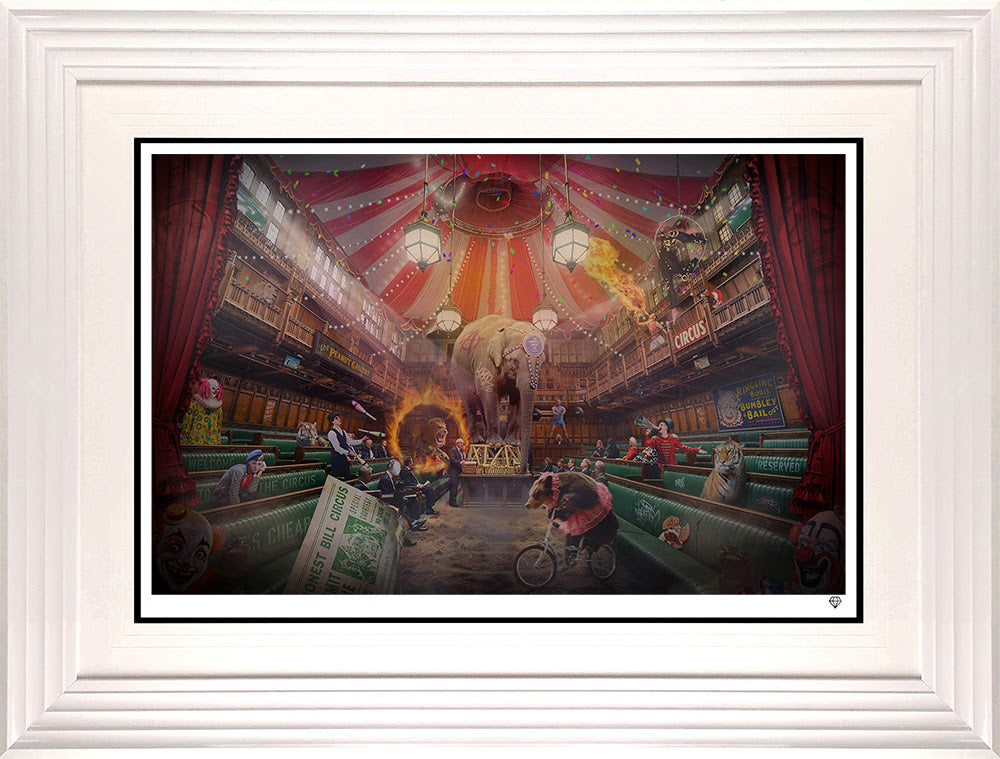 send in the clowns print framed in white by artist jj adams