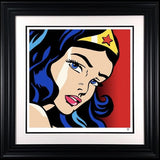 wonder woman pop print framed in black by artist jj adams